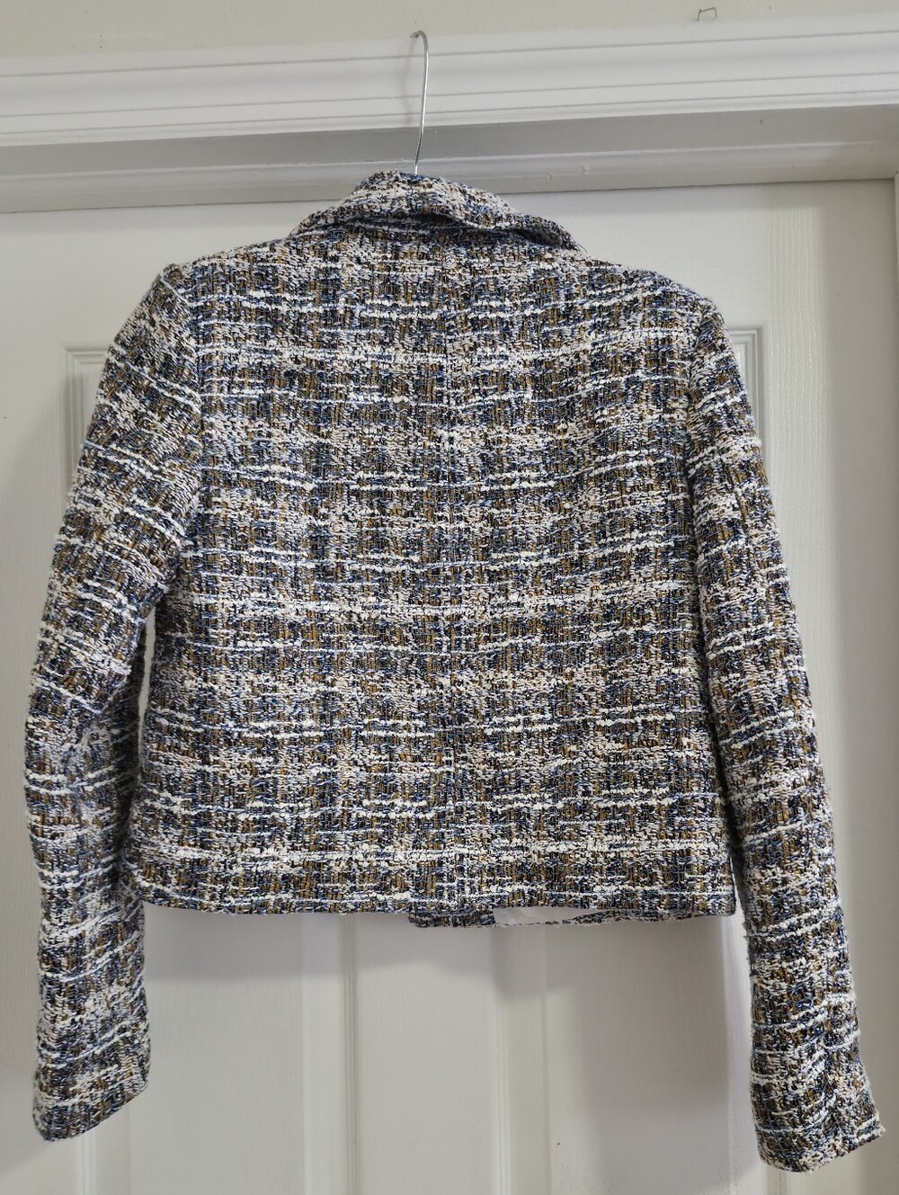 Zara Cropped Bouclé Tweed Blazer XS Blue White Gold Button Mobwife Chic - Picture 2 of 7